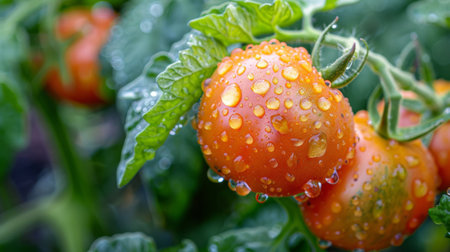 A macro shot of water droplets on tomatoes after a light rain in a vegetable garden.の素材