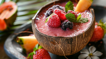 A smoothie made with blended tropical fruits, served in a coconut shellの素材