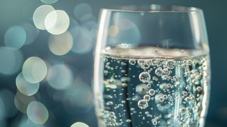 A transparent glass of sparkling water with bubbles rising to the surface.の素材