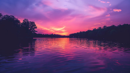 A twilight sky with hues of purple, pink, and orange over a calm lake.の素材