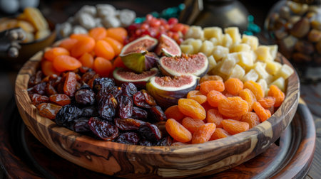 A variety of dried fruits, including apricots, figs, and dates, arranged in a wooden bowl.の素材