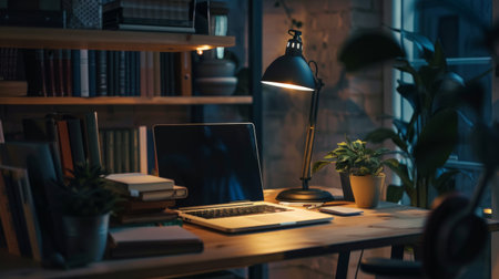 A stylish desk lamp illuminating a modern workspace with a laptop and books.の素材