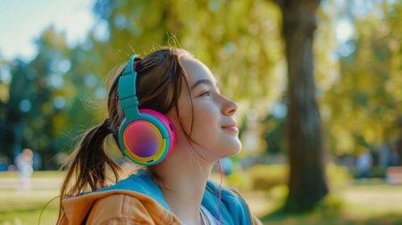 A teenager listening to music on colorful Bluetooth headphones in a park.の素材