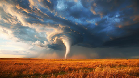 A tornado funnel forming over an open field with swirling clouds above.の素材