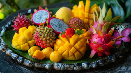 A Thai fruit platter with exotic fruits like mango, dragon fruit, and rambutan.の素材