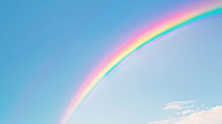 A vibrant rainbow stretching across a clear blue sky after a summer rainstorm.の素材