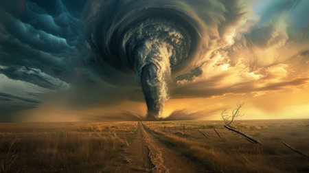 A tornado funnel forming over an open field with swirling clouds above.の素材