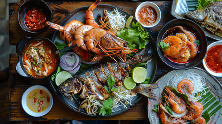 A Thai seafood feast with grilled fish, prawns, and spicy dipping sauces.の素材