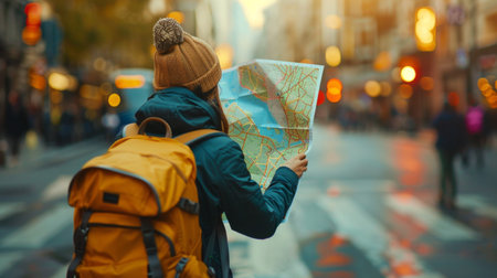 A traveler studying a city map, planning their next sightseeing stop.の素材