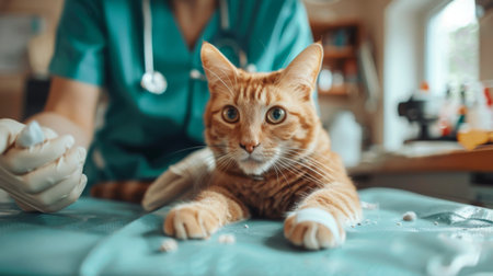 A veterinarian bandaging a cat's paw after a minor surgery in a veterinary clinic.の素材