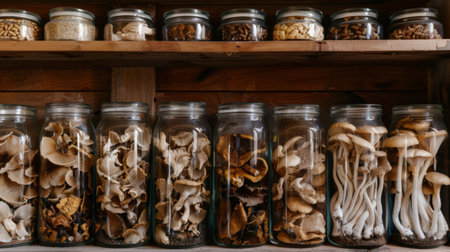 A variety of dried mushrooms displayed in glass jars on a kitchen shelf.の素材