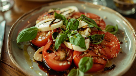 A tomato salad with mozzarella cheese, basil, and balsamic dressing on a plate.の素材