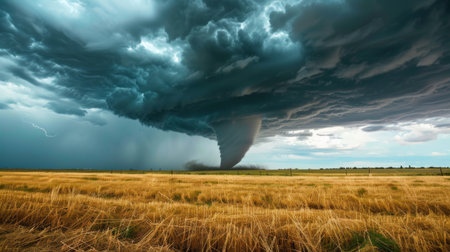 A tornado funnel forming over an open field with swirling clouds above.の素材