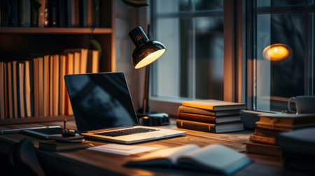 A stylish desk lamp illuminating a modern workspace with a laptop and books.の素材