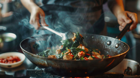 A Thai chef preparing stir-fried basil chicken (pad kra pao) in a wok.の素材