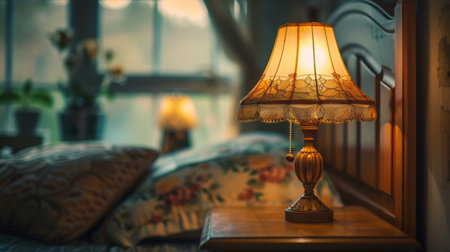 A vintage table lamp with a decorative shade on a wooden nightstand.の素材