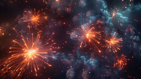 Bright fireworks forming intricate patterns and shapes against a dark sky.の素材