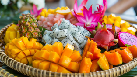 A Thai fruit platter with exotic fruits like mango, dragon fruit, and rambutan.の素材