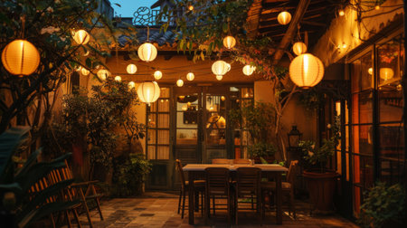 An outdoor patio illuminated by a string of decorative lanterns.の素材