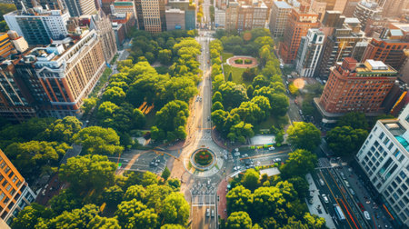 Aerial view of a vibrant city center with parks and historic buildings.の素材