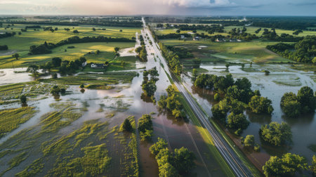 Aerial view of flooded fields and roads after heavy rainfall from a storm.の素材