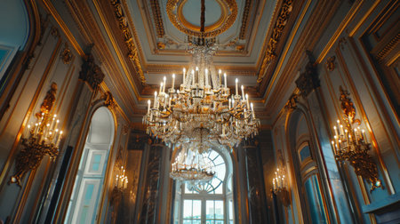 An elegant chandelier hanging from the ceiling of a grand dining room.の素材