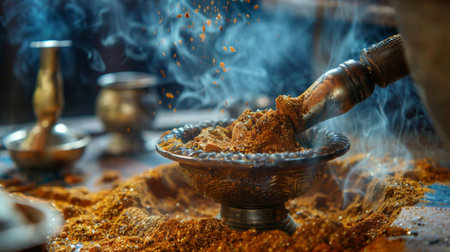 Aromatic spices being ground into a fine powder in a traditional brass grinder.の素材