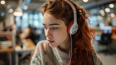A woman using noise-canceling headphones to focus on work in a busy office.の素材