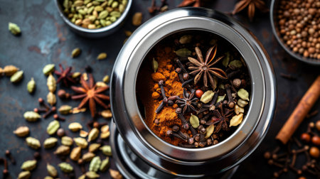 Aromatic spices like cardamom and cloves in a modern electric grinder.の素材