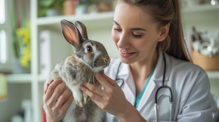 A young woman vet holding a rabbit while examining its ears in a veterinary office.の素材