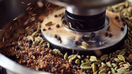 Aromatic spices like cardamom and cloves in a modern electric grinder.の素材