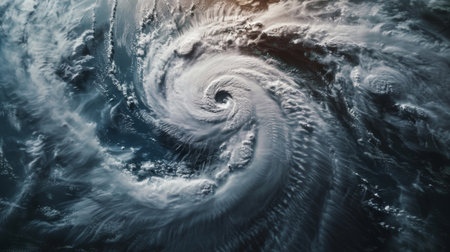 An ominous hurricane swirling over the ocean, seen from a satellite perspective.の素材