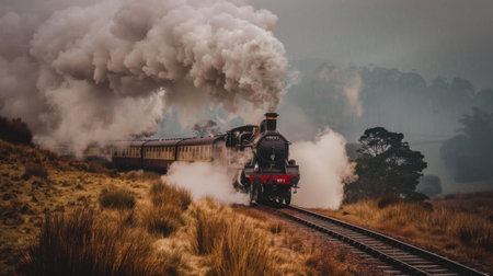 A vintage steam locomotive puffing smoke as it pulls carriages on a heritage railway.の素材