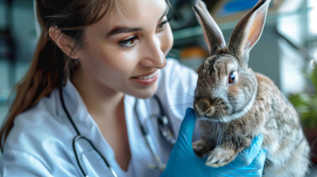 A young woman vet holding a rabbit while examining its ears in a veterinary office.の素材