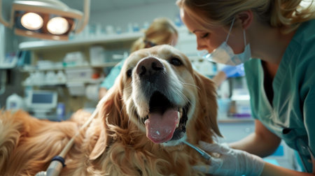 A veterinary specialist performing a dental cleaning on a large dog under anesthesia.の素材
