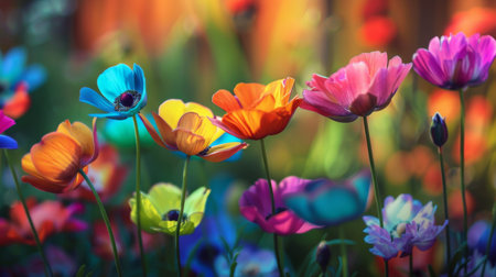 Bright rainbow-colored flowers in a garden, symbolizing beauty and diversity.の素材