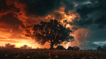 An isolated tree struck by lightning in a rural setting during a thunderstorm.の素材