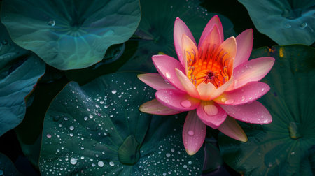 A vibrant lotus flower with large leaves and water droplets on its petals.の素材