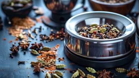 Aromatic spices like cardamom and cloves in a modern electric grinder.の素材