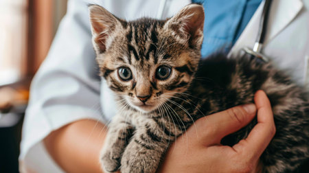 A veterinarian holding a kitten and reassuring it during a routine health check-up.の素材