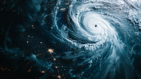 An ominous hurricane swirling over the ocean, seen from a satellite perspective.の素材