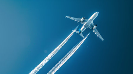 An airplane leaving white contrails against a deep blue sky.の素材