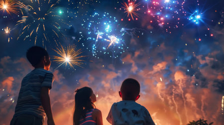 Children in awe watching fireworks burst in the sky on Independence Day.の素材