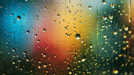 Close-up of raindrops refracting light to create a miniature rainbow on a windowpane.の素材