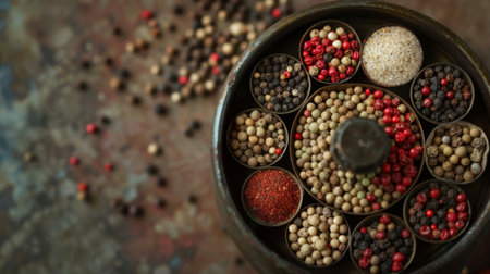Different types of peppercorns in a grinder, ready for seasoning dishes.の素材
