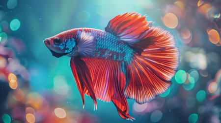 Close-up of a betta fish with iridescent scales and vibrant colors under water.の素材