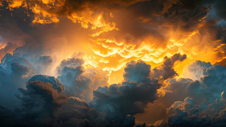 Dramatic storm clouds illuminated by the setting sun, casting a golden hue.の素材
