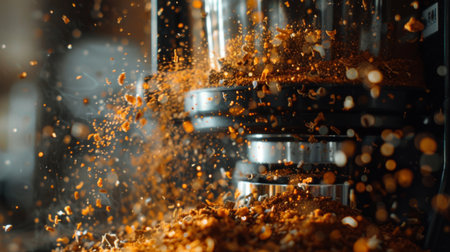 Close-up of an electric spice grinder with spices flying out as it grinds.の素材