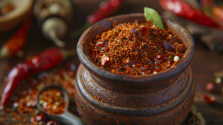 Freshly ground chili powder in a ceramic grinder, adding spice to a meal.の素材