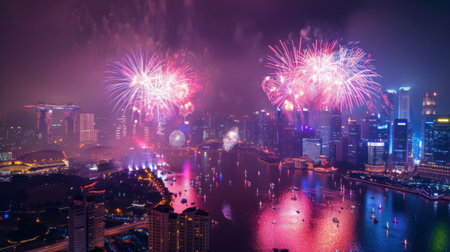 Colorful fireworks bursting in the night sky, illuminating the cityscape.の素材